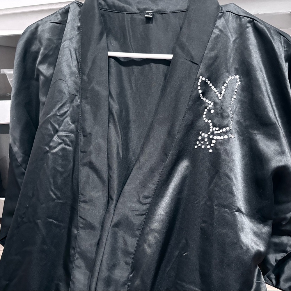 PLAYBOY Black Satin Women's Coat with Rhinestone Logo - Picture 3 of 3